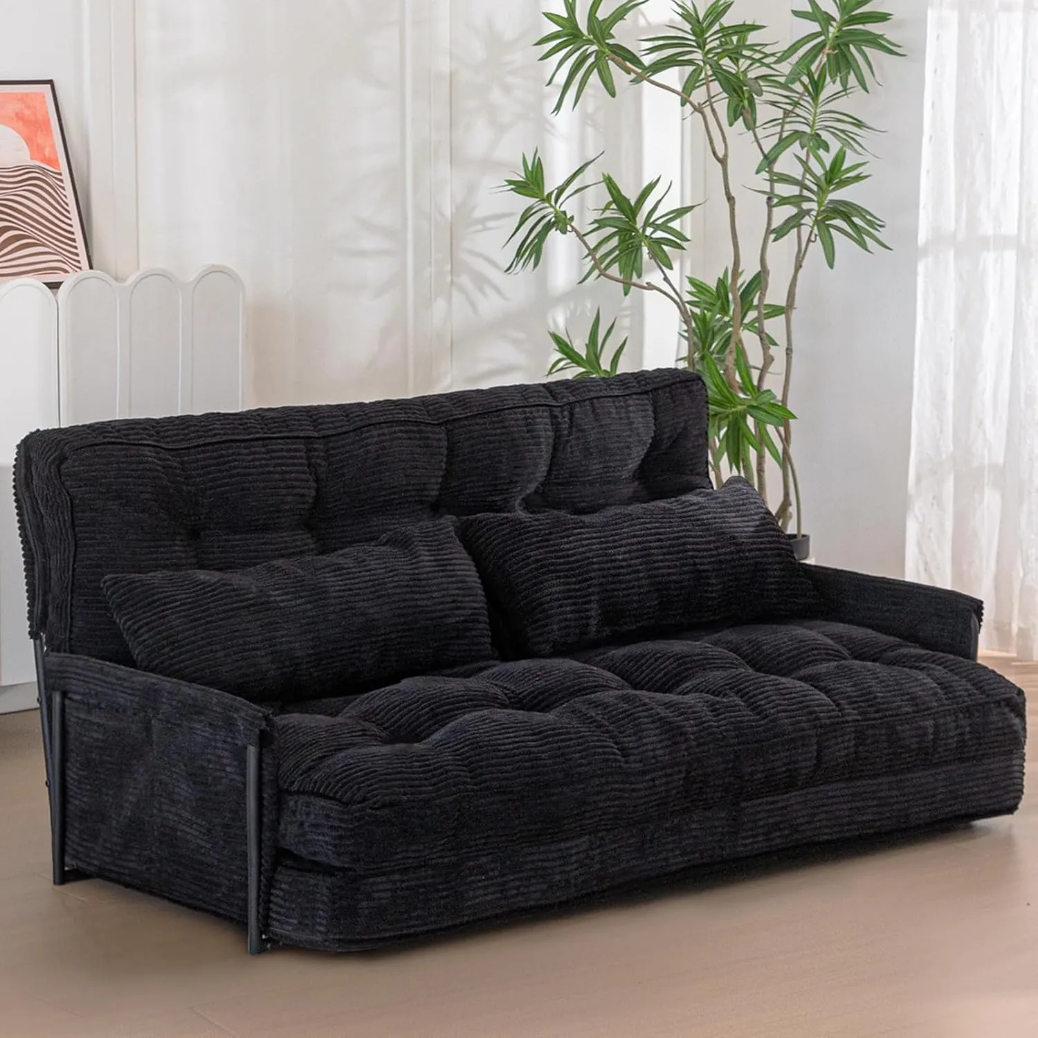 MAXYOYO Adjustable Floor Sofa Couch with 2 Pillows, Multi-Functional Bean Bag Bed, 5-Position Foldable Lazy Sofa Sleeper Bed with Armrest, Versatile Floor Seating for Reading, Black, Double