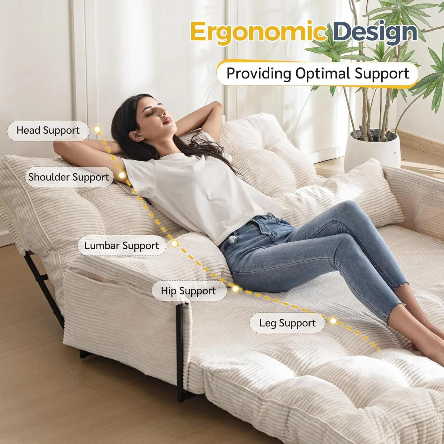 MAXYOYO Adjustable Floor Sofa Couch with 2 Pillows, Multi-Functional Bean Bag Bed, 5-Position Foldable Lazy Sofa Sleeper Bed with Armrest Versatile Floor Seating for Reading Gaming, Beige, Double