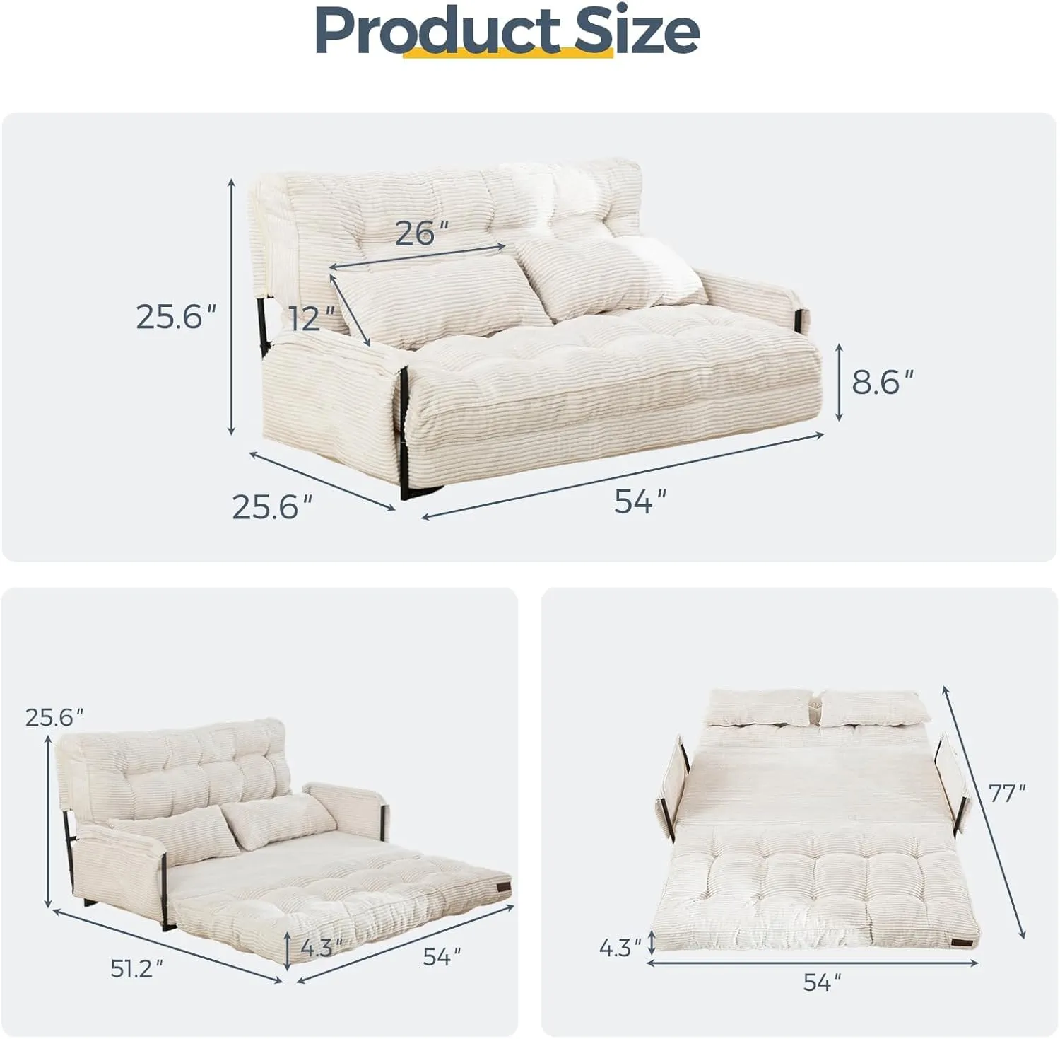 MAXYOYO Adjustable Floor Sofa Couch with 2 Pillows, Multi-Functional Bean Bag Bed, 5-Position Foldable Lazy Sofa Sleeper Bed with Armrest Versatile Floor Seating for Reading Gaming, Beige, Double