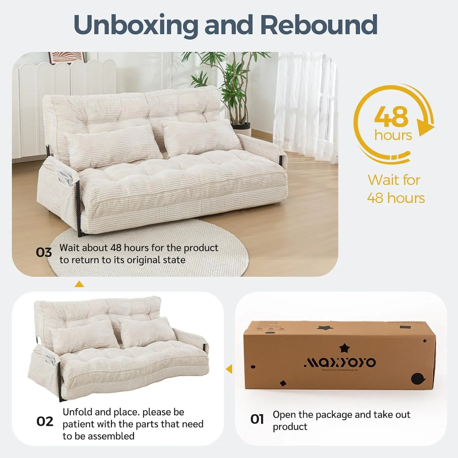 MAXYOYO Adjustable Floor Sofa Couch with 2 Pillows, Multi-Functional Bean Bag Bed, 5-Position Foldable Lazy Sofa Sleeper Bed with Armrest Versatile Floor Seating for Reading Gaming, Beige, Double