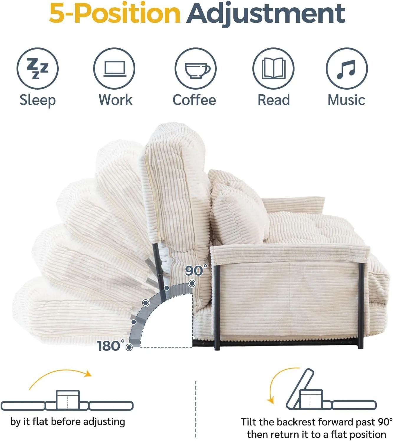 MAXYOYO Adjustable Floor Sofa Couch with 2 Pillows, Multi-Functional Bean Bag Bed, 5-Position Foldable Lazy Sofa Sleeper Bed with Armrest Versatile Floor Seating for Reading Gaming, Beige, Double