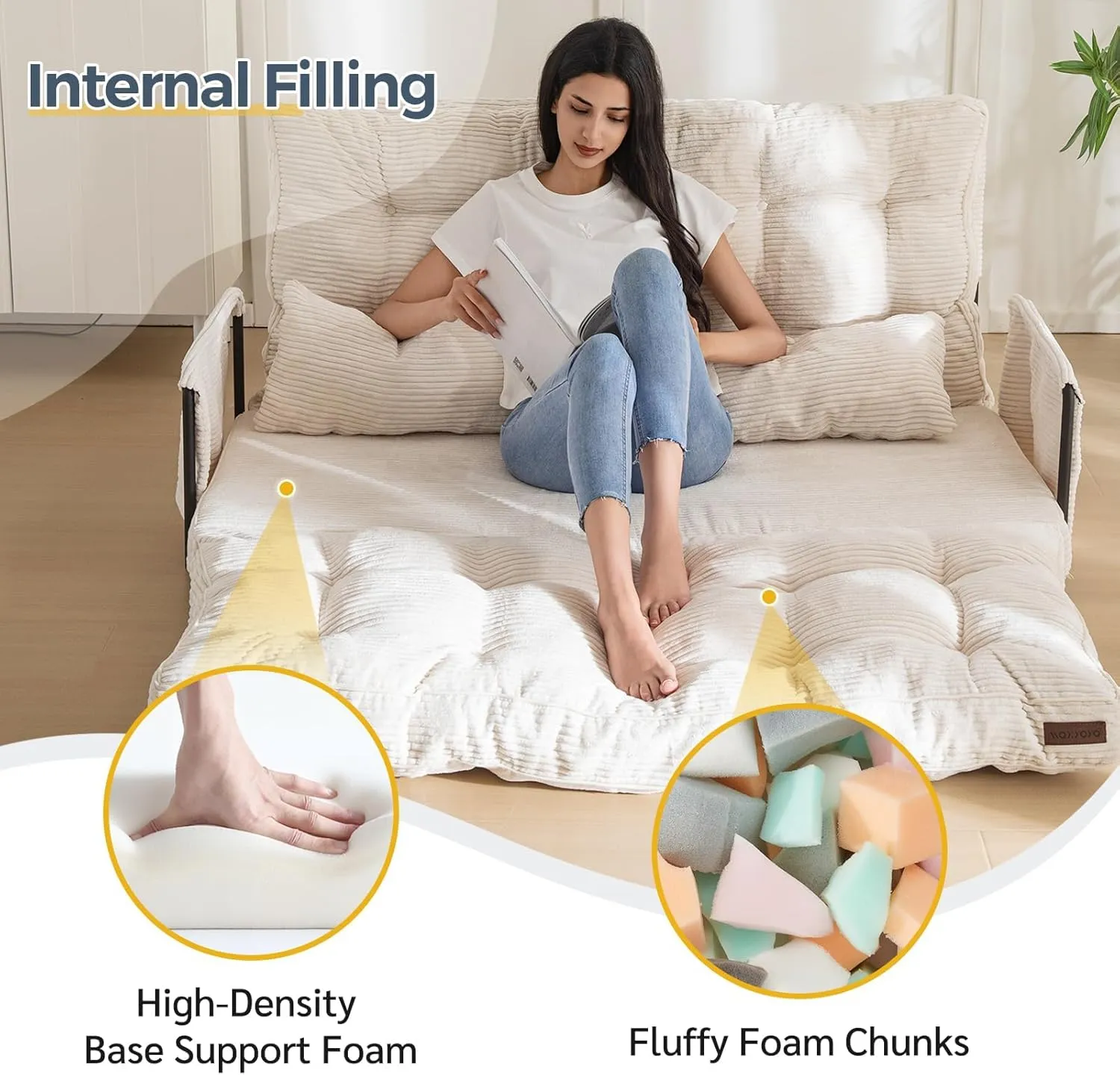 MAXYOYO Adjustable Floor Sofa Couch with 2 Pillows, Multi-Functional Bean Bag Bed, 5-Position Foldable Lazy Sofa Sleeper Bed with Armrest Versatile Floor Seating for Reading Gaming, Beige, Double