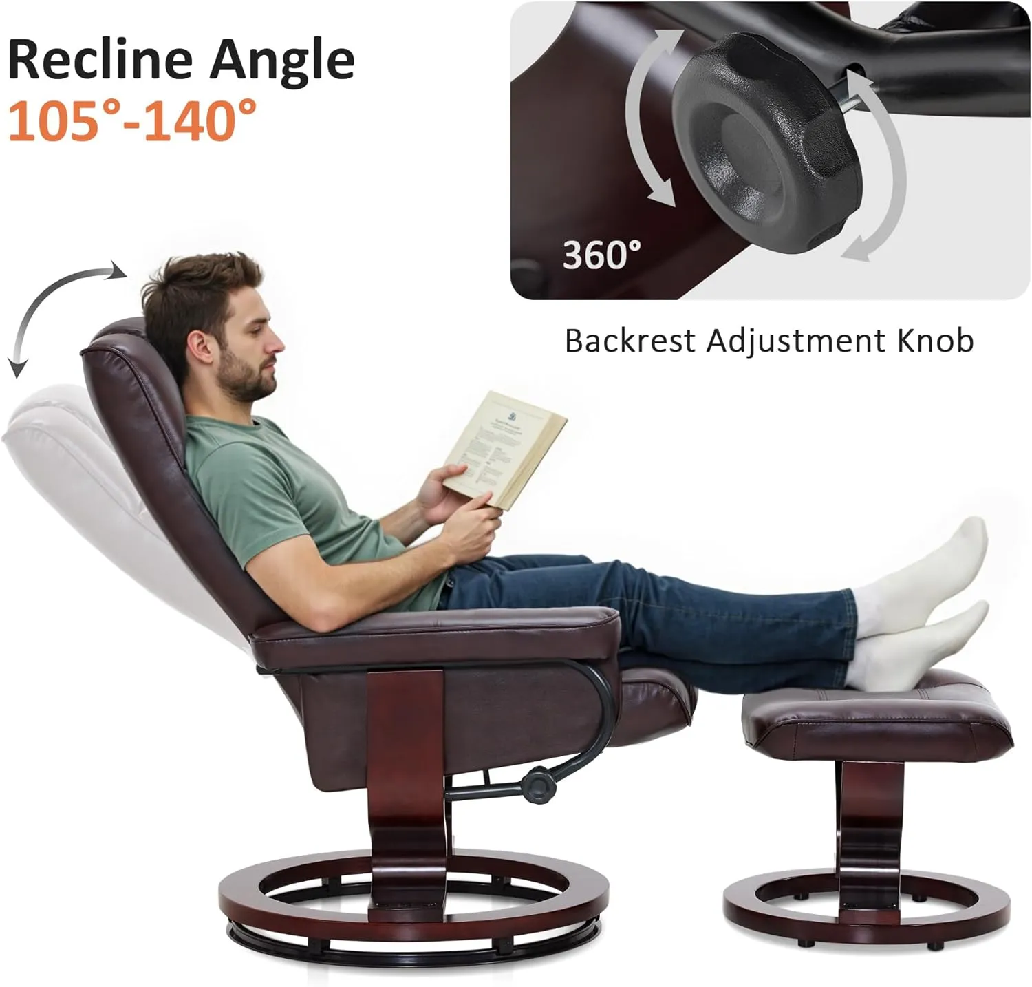 MCombo Manual Swivel Recliner with Ottoman, Chair Ottoman Set for RV Small Spaces, Living Room, Bedroom, Office 9019 4919 (Faux Leather, Dark Brown)