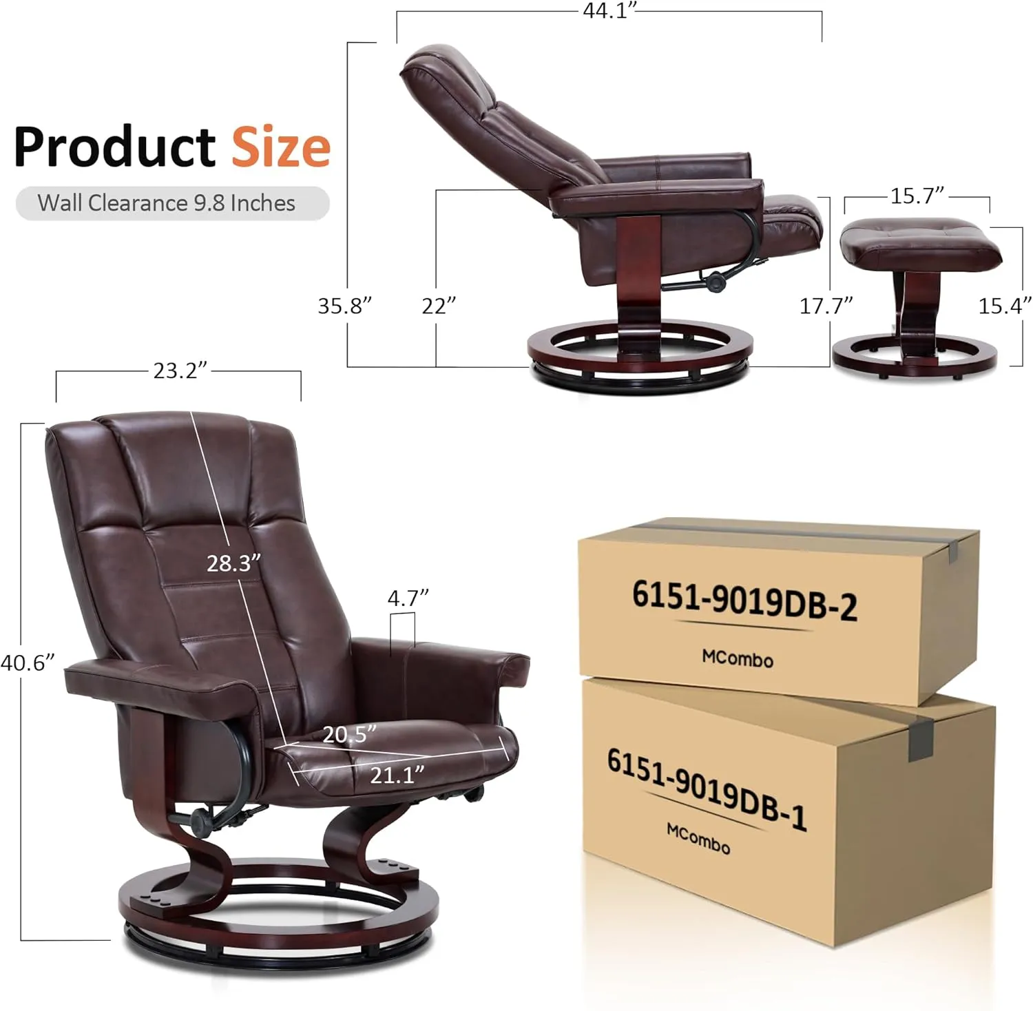 MCombo Manual Swivel Recliner with Ottoman, Chair Ottoman Set for RV Small Spaces, Living Room, Bedroom, Office 9019 4919 (Faux Leather, Dark Brown)