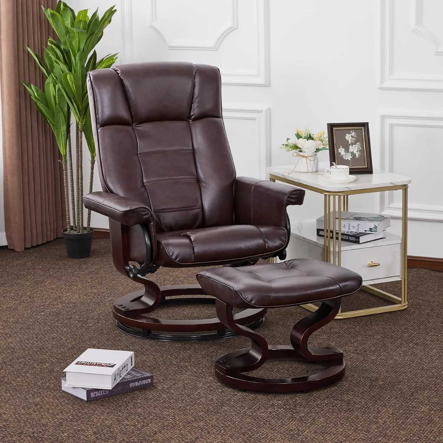 MCombo Manual Swivel Recliner with Ottoman, Chair Ottoman Set for RV Small Spaces, Living Room, Bedroom, Office 9019 4919 (Faux Leather, Dark Brown)
