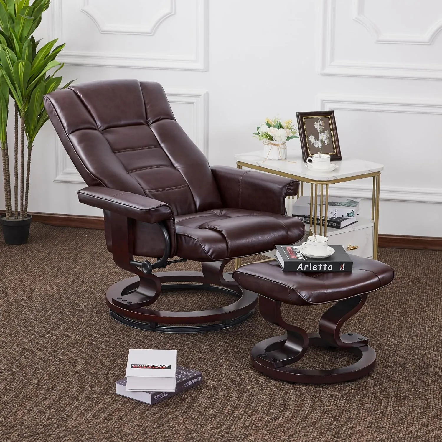 MCombo Manual Swivel Recliner with Ottoman, Chair Ottoman Set for RV Small Spaces, Living Room, Bedroom, Office 9019 4919 (Faux Leather, Dark Brown)