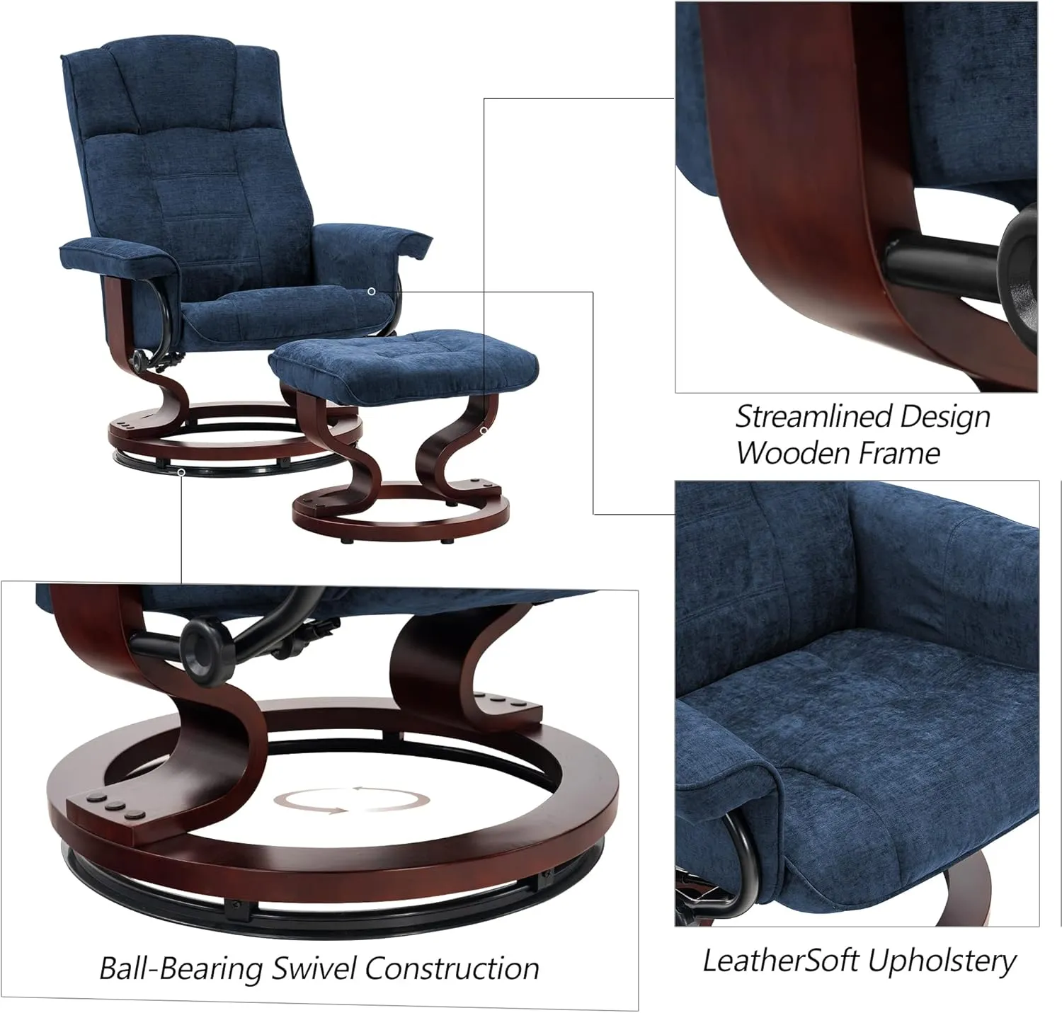 MCombo Manual Swivel Recliner with Ottoman, Chair Ottoman Set for RV Small Spaces, Living Room, Bedroom, Office 9019 4919 (Textile, Blue)