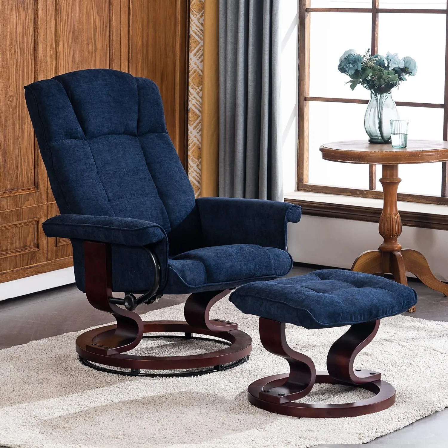 MCombo Manual Swivel Recliner with Ottoman, Chair Ottoman Set for RV Small Spaces, Living Room, Bedroom, Office 9019 4919 (Textile, Blue)