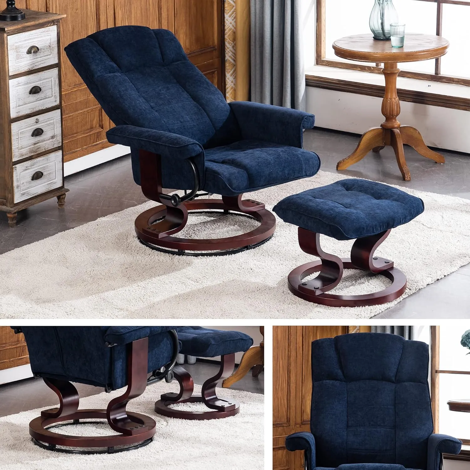 MCombo Manual Swivel Recliner with Ottoman, Chair Ottoman Set for RV Small Spaces, Living Room, Bedroom, Office 9019 4919 (Textile, Blue)