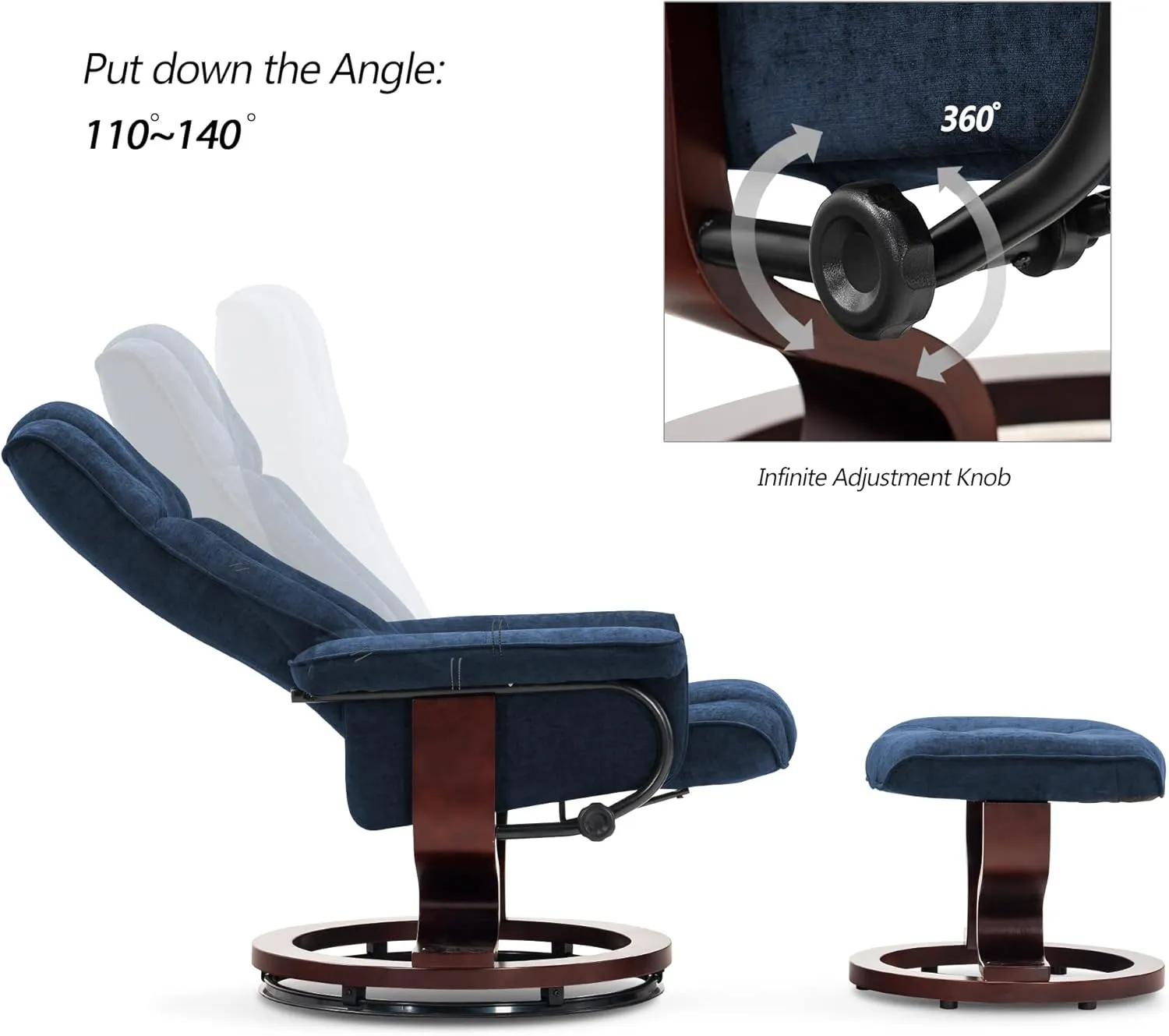 MCombo Manual Swivel Recliner with Ottoman, Chair Ottoman Set for RV Small Spaces, Living Room, Bedroom, Office 9019 4919 (Textile, Blue)