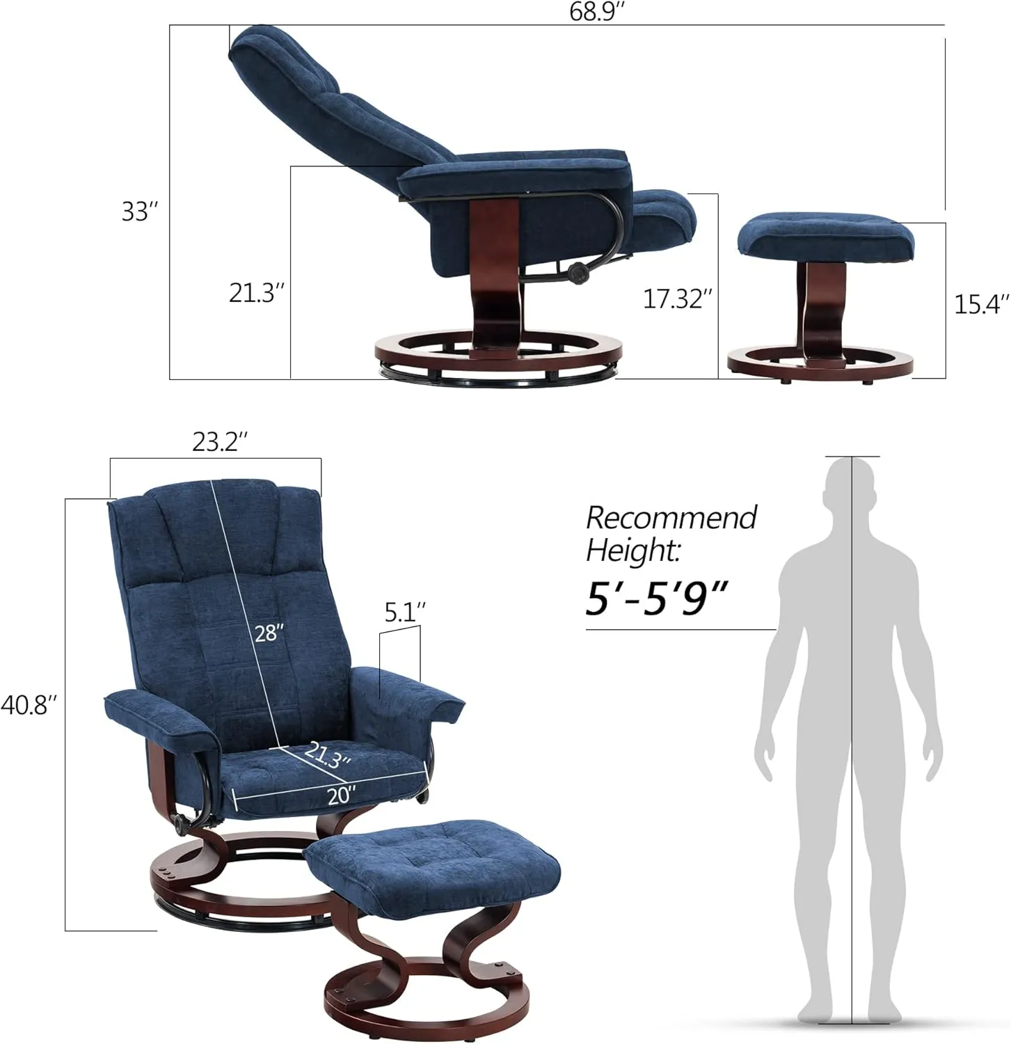 MCombo Manual Swivel Recliner with Ottoman, Chair Ottoman Set for RV Small Spaces, Living Room, Bedroom, Office 9019 4919 (Textile, Blue)