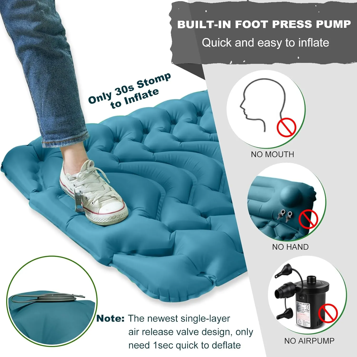 MEETPEAK Camping Sleeping Mat, Inflatable Sleeping Pad Foot Press Lightweight Camping Pad for Backpacking Hiking Traveling, Durable Waterproof Air Mattress Compact Camp Pad Thickness 4 Inch