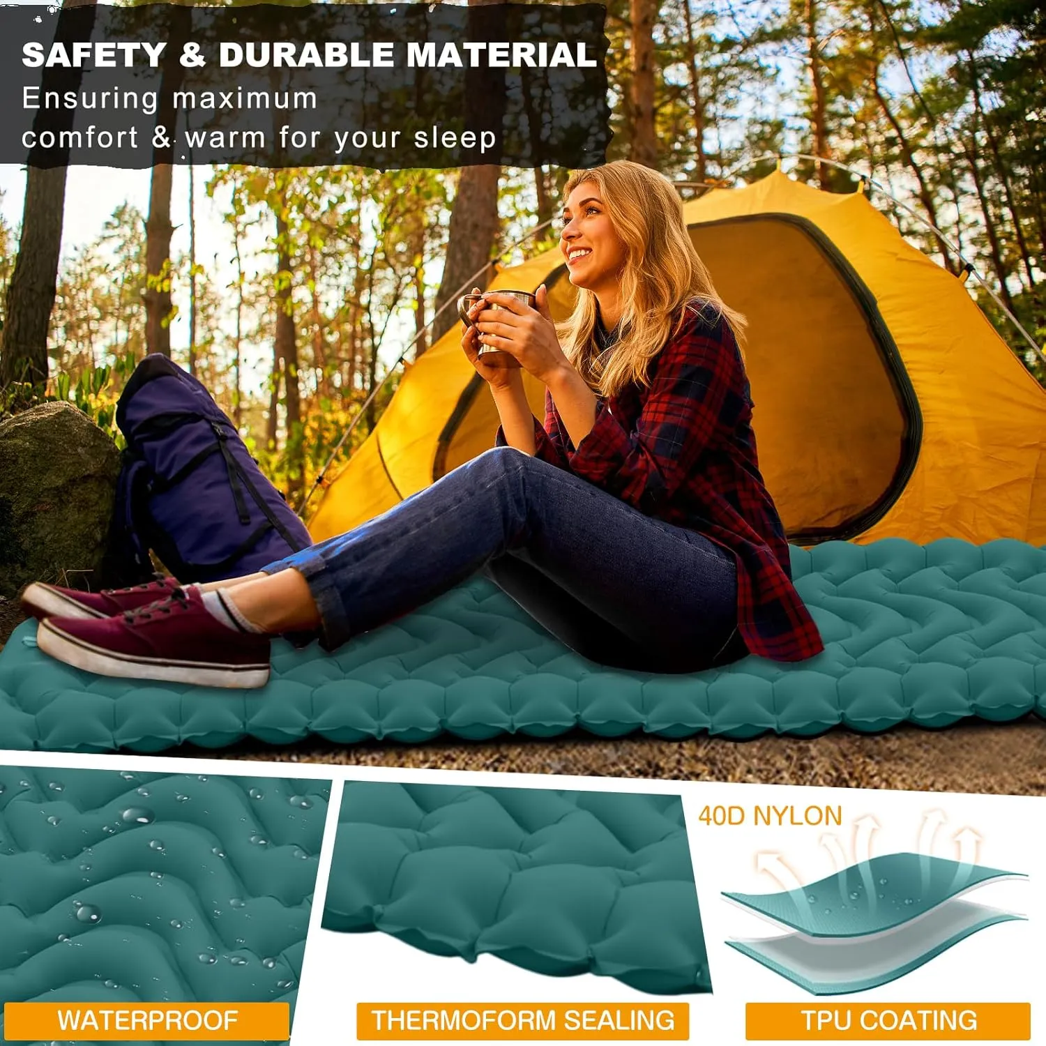 MEETPEAK Camping Sleeping Mat, Inflatable Sleeping Pad Foot Press Lightweight Camping Pad for Backpacking Hiking Traveling, Durable Waterproof Air Mattress Compact Camp Pad Thickness 4 Inch