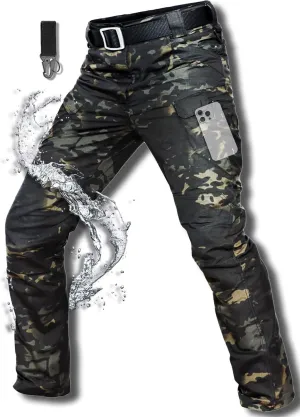 Men's Cargo Work Hiking Tactical Pants,10-Pocket,with Carabiner,Water Resistant,Lightweight Ripstop Outdoor Pants