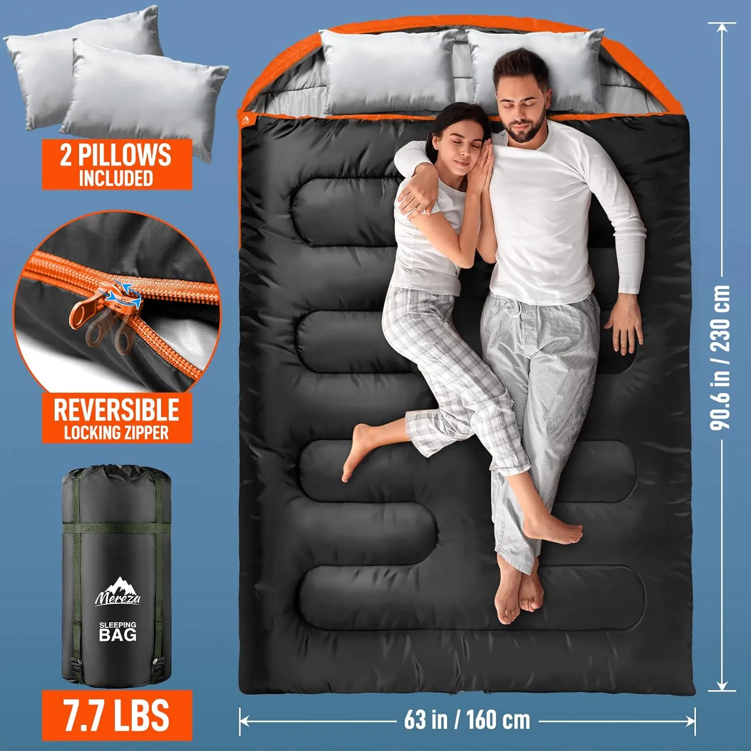 MEREZA Double Sleeping Bag for Adults Mens with Pillow, XL Queen Size Two Person Sleeping Bag for All Season Camping Hiking Backpacking 2 Person Sleeping Bags for Cold Weather & Warm