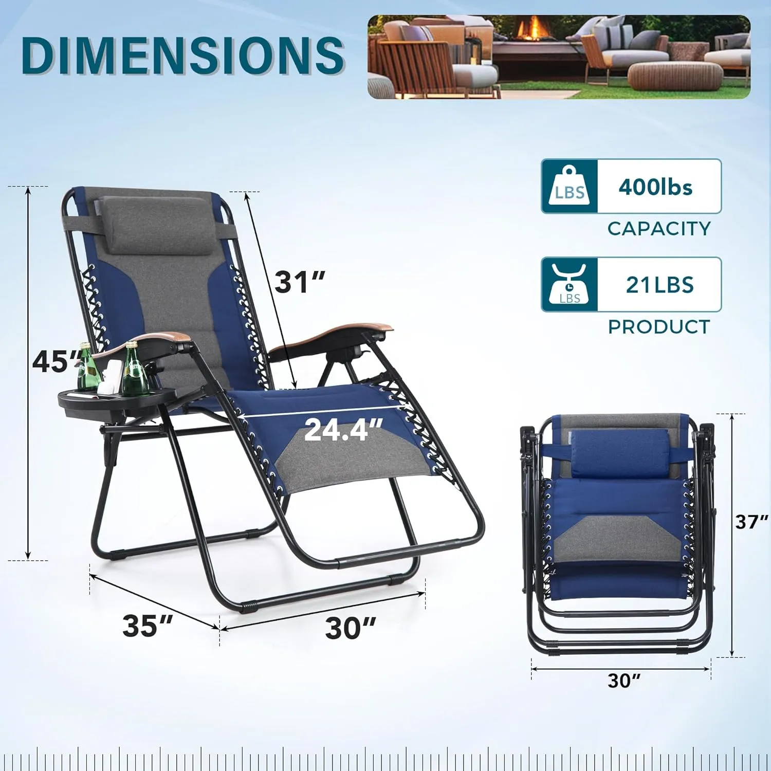 MFSTUDIO Zero Gravity Chairs, Oversized Patio Recliner Chair, Padded Folding Lawn Chair with Cup Holder Tray, Support 400lbs, Cyan