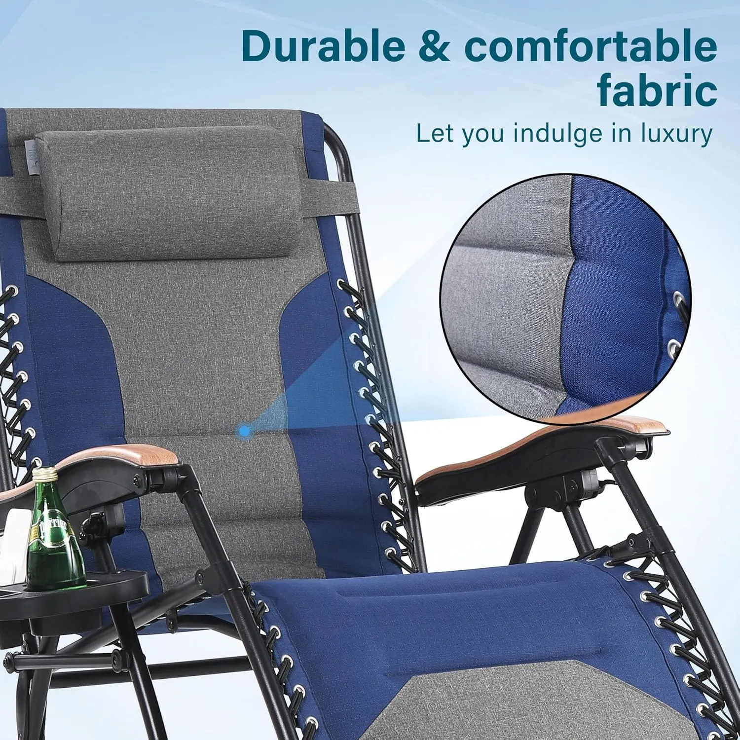 MFSTUDIO Zero Gravity Chairs, Oversized Patio Recliner Chair, Padded Folding Lawn Chair with Cup Holder Tray, Support 400lbs, Cyan