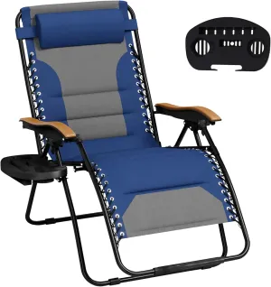 MFSTUDIO Zero Gravity Chairs, Oversized Patio Recliner Chair, Padded Folding Lawn Chair with Cup Holder Tray, Support 400lbs, Cyan