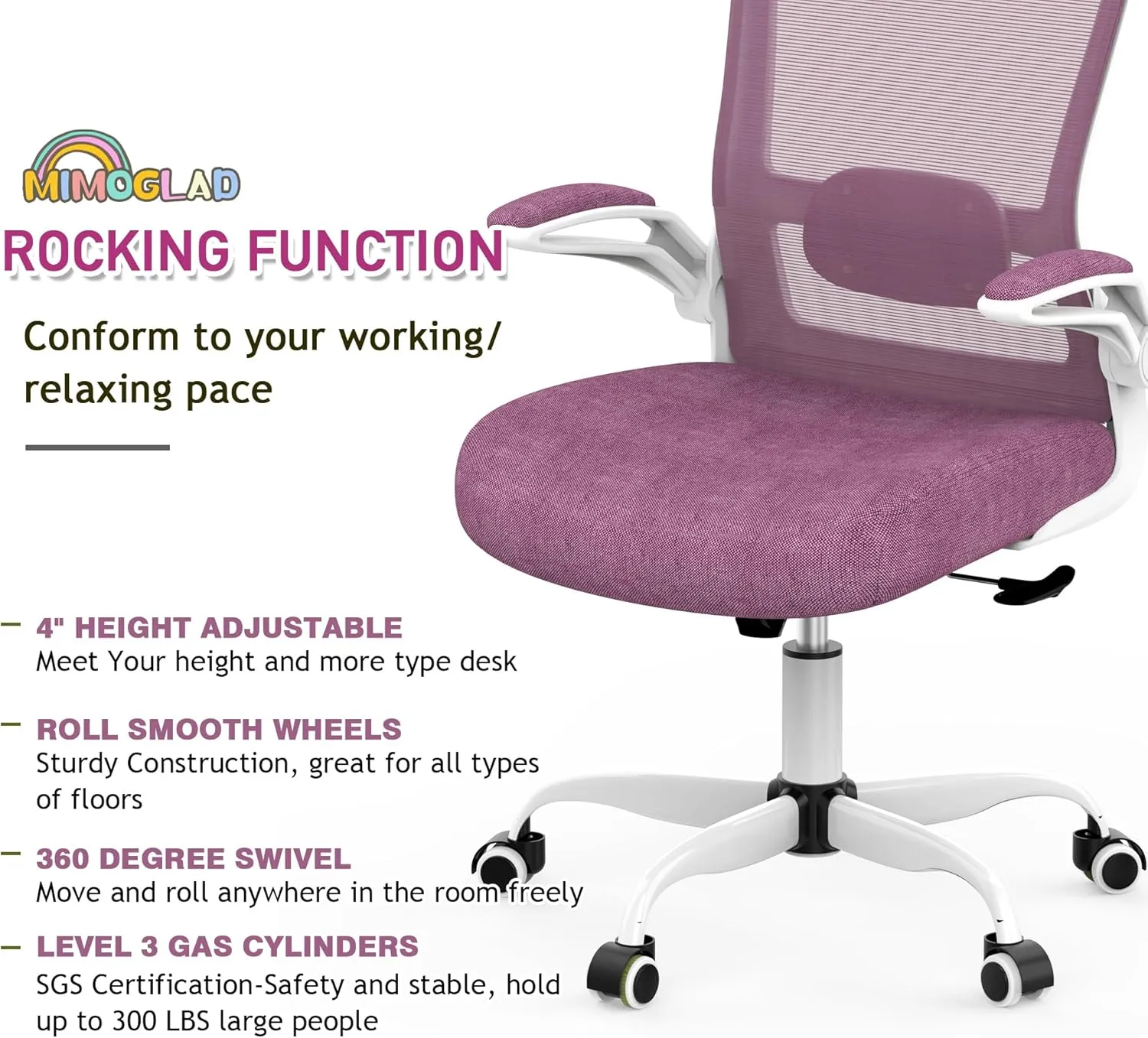 Mimoglad Ergonomic High Back Mesh Office Chair, Adjustable Lumbar Support, Thickened Seat Cushion (Modern, Orchid)