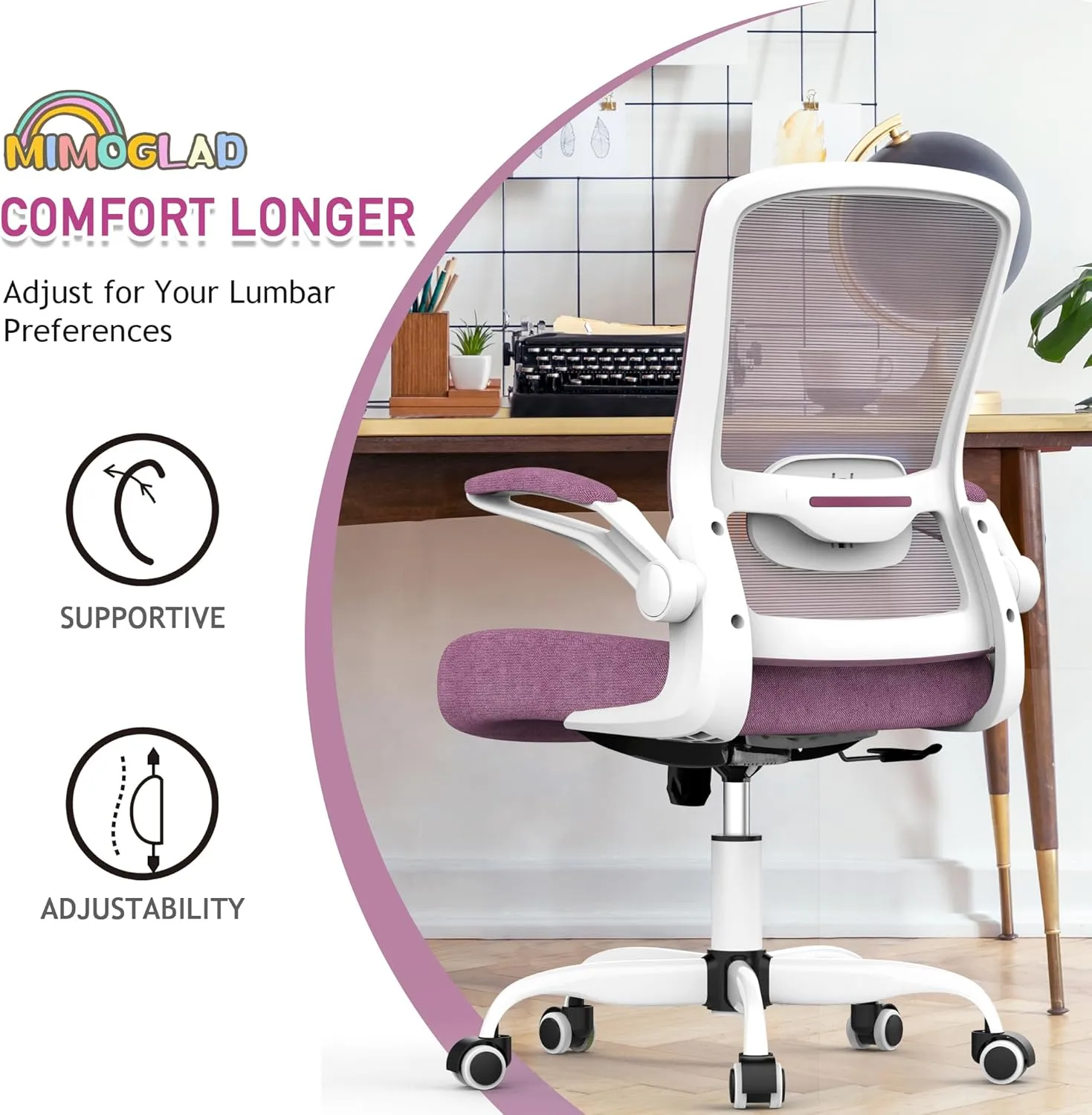 Mimoglad Ergonomic High Back Mesh Office Chair, Adjustable Lumbar Support, Thickened Seat Cushion (Modern, Orchid)