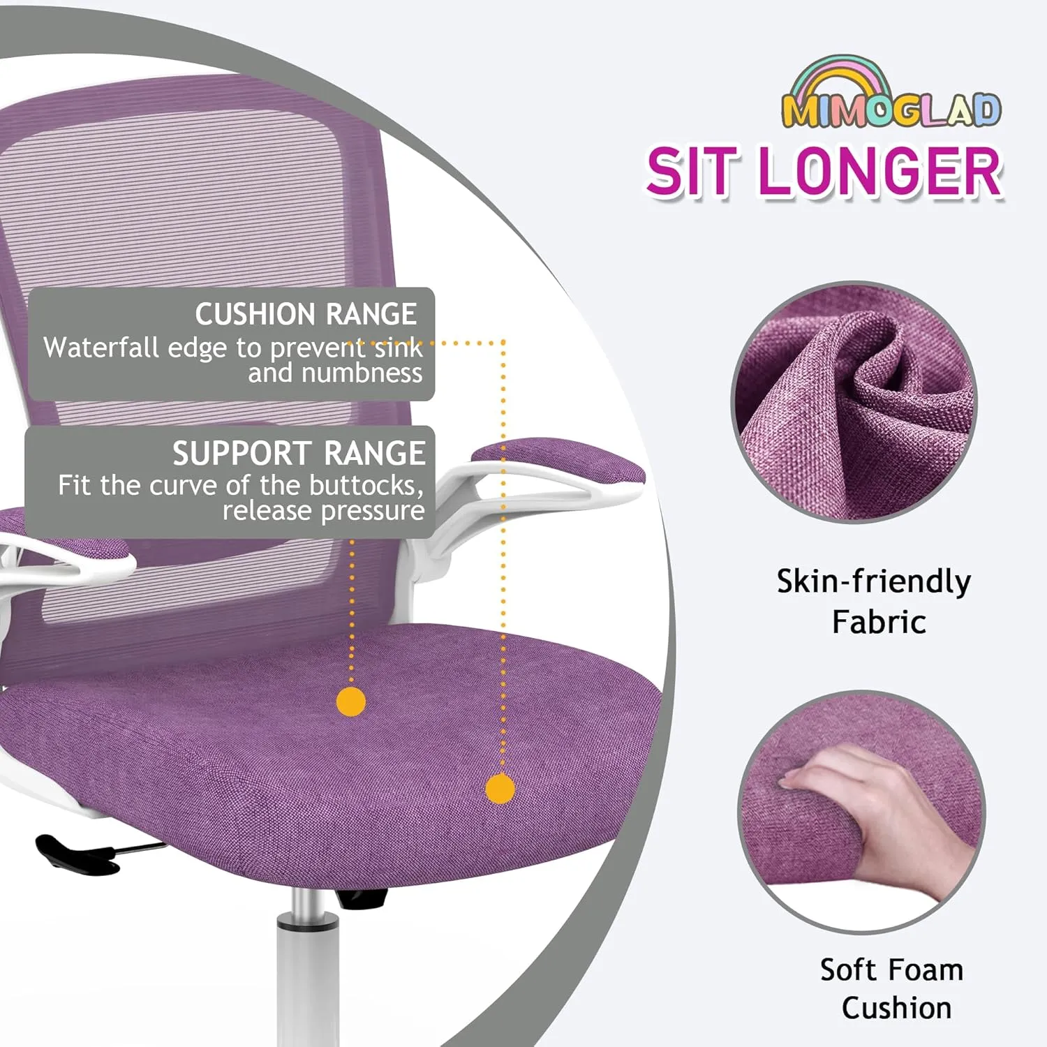 Mimoglad Ergonomic High Back Mesh Office Chair, Adjustable Lumbar Support, Thickened Seat Cushion (Modern, Orchid)