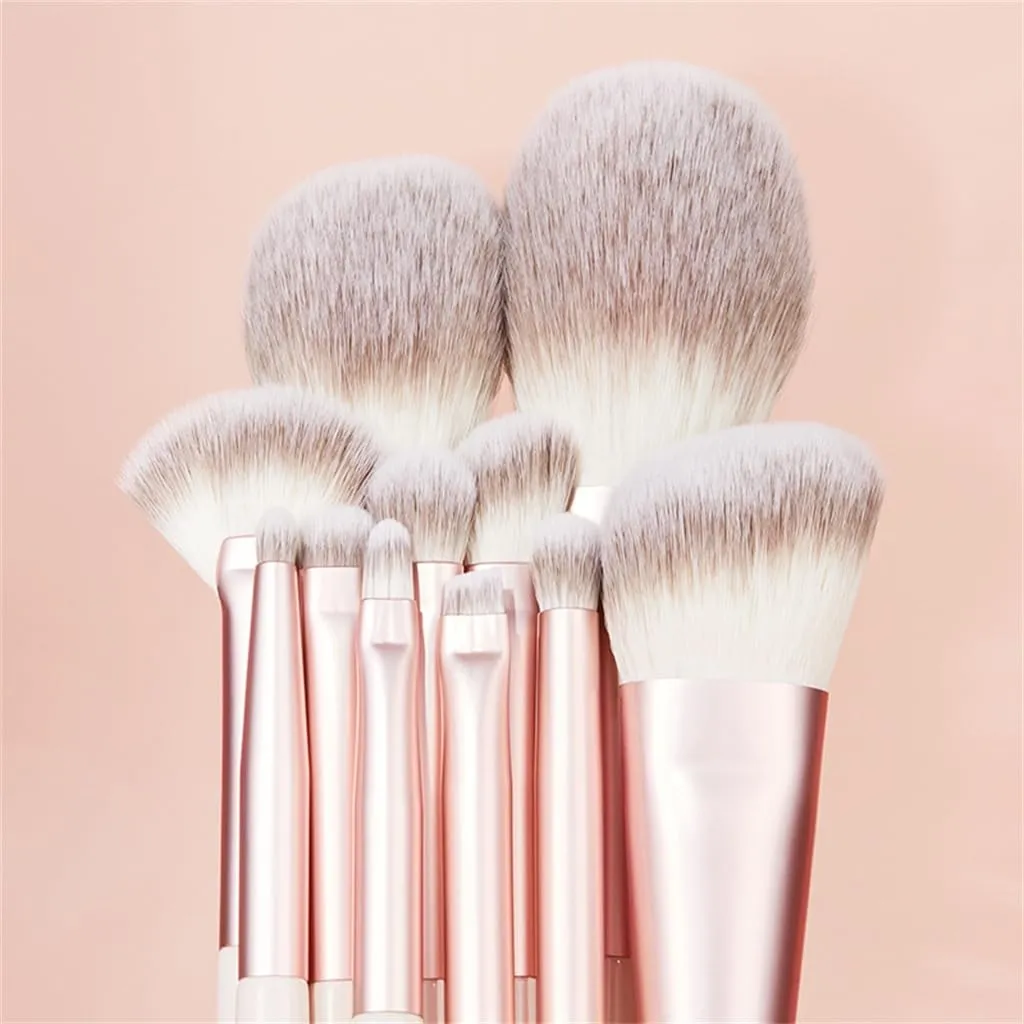 Misty Peach Long Pole Wooden Handle Makeup Brush Set Portable Soft Eye Brushes 11pcs Fiber Hair Makeup Brushes