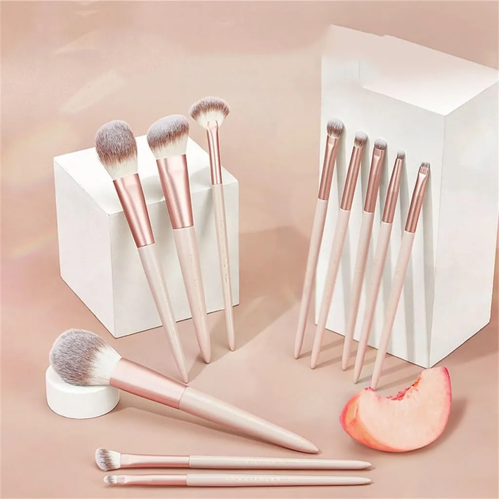 Misty Peach Long Pole Wooden Handle Makeup Brush Set Portable Soft Eye Brushes 11pcs Fiber Hair Makeup Brushes