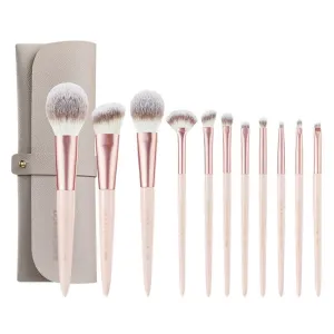 Misty Peach Long Pole Wooden Handle Makeup Brush Set Portable Soft Eye Brushes 11pcs Fiber Hair Makeup Brushes