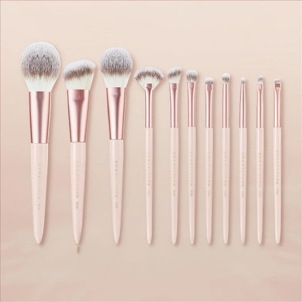 Misty Peach Long Pole Wooden Handle Makeup Brush Set Portable Soft Eye Brushes 11pcs Fiber Hair Makeup Brushes