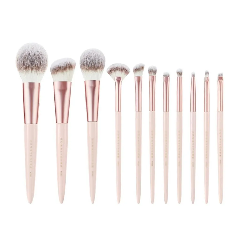 Misty Peach Long Pole Wooden Handle Makeup Brush Set Portable Soft Eye Brushes 11pcs Fiber Hair Makeup Brushes