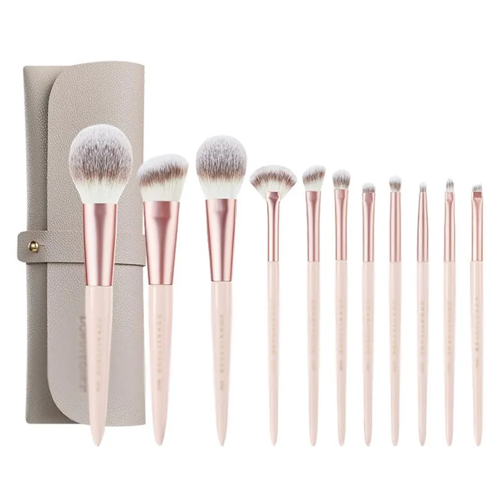 Misty Peach Long Pole Wooden Handle Makeup Brush Set Portable Soft Eye Brushes 11pcs Fiber Hair Makeup Brushes