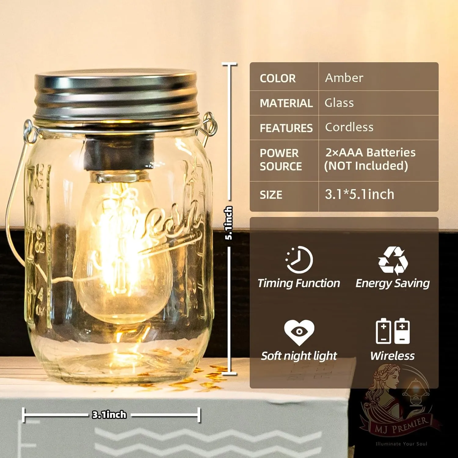 MJ Outdoor Mason Jar Lights Hanging Battery Operated Lamp Timer Cordless Lamps 2-Pack LED Decorative Garden Lanterns Glass Light for Patio Camping Courtyard Backyard Tree Hallway Stairs( Transparent)