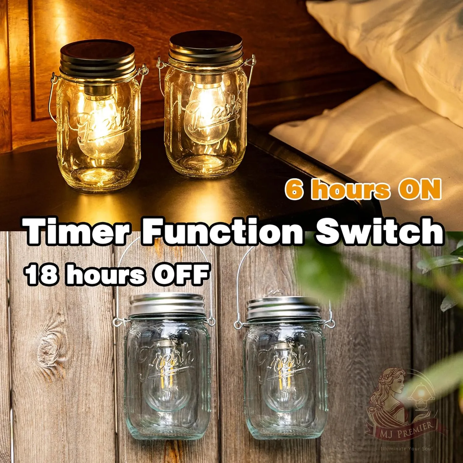 MJ Outdoor Mason Jar Lights Hanging Battery Operated Lamp Timer Cordless Lamps 2-Pack LED Decorative Garden Lanterns Glass Light for Patio Camping Courtyard Backyard Tree Hallway Stairs( Transparent)