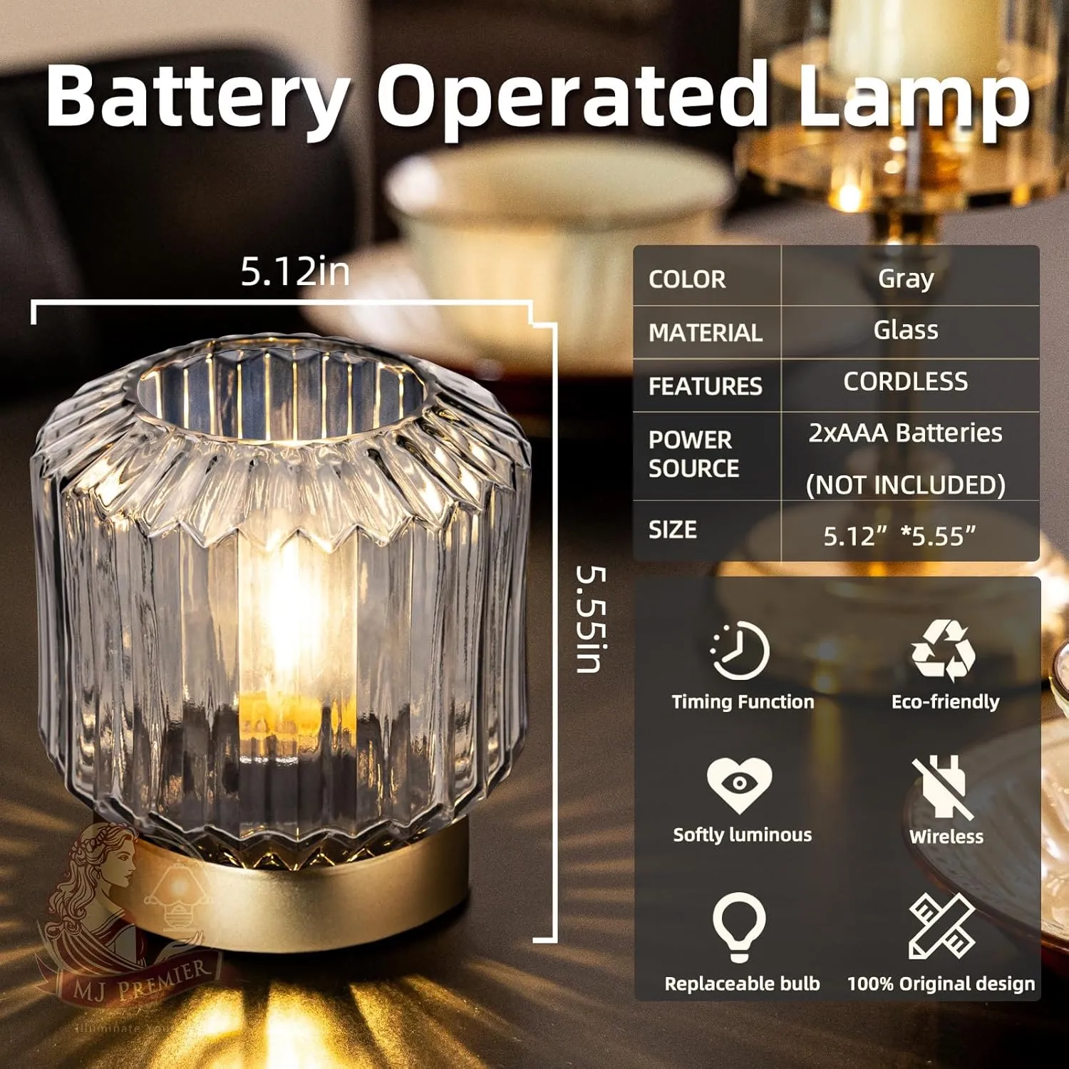 MJ PREMIER Battery Operated Lamp with Timer Cordless Table Lamps for Home Decor Battery Powered Nightlight with LED Bulb Decorative Glass Beside Lamp for Bathroom Bedroom Living Room Grey