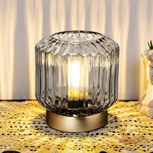 MJ PREMIER Battery Operated Lamp with Timer Cordless Table Lamps for Home Decor Battery Powered Nightlight with LED Bulb Decorative Glass Beside Lamp for Bathroom Bedroom Living Room Grey