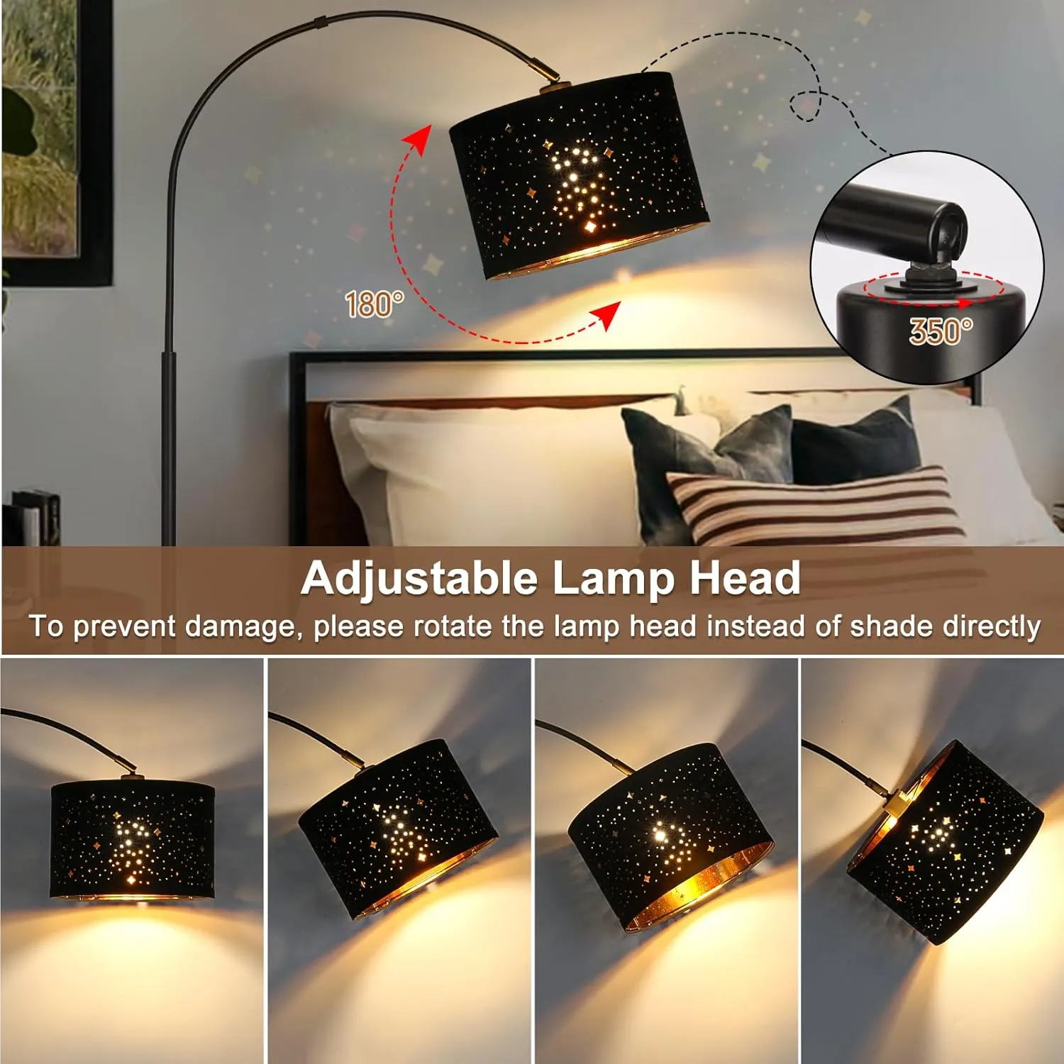 Modern Arc Floor Lamp, Tall Pole Lamp with Black Stars Lampshade, Arched Reading Light with Adjustable Lamp Head, Over Couch Hanging Light Corner Lamp for Living Room, Bedroom, Office (Black)