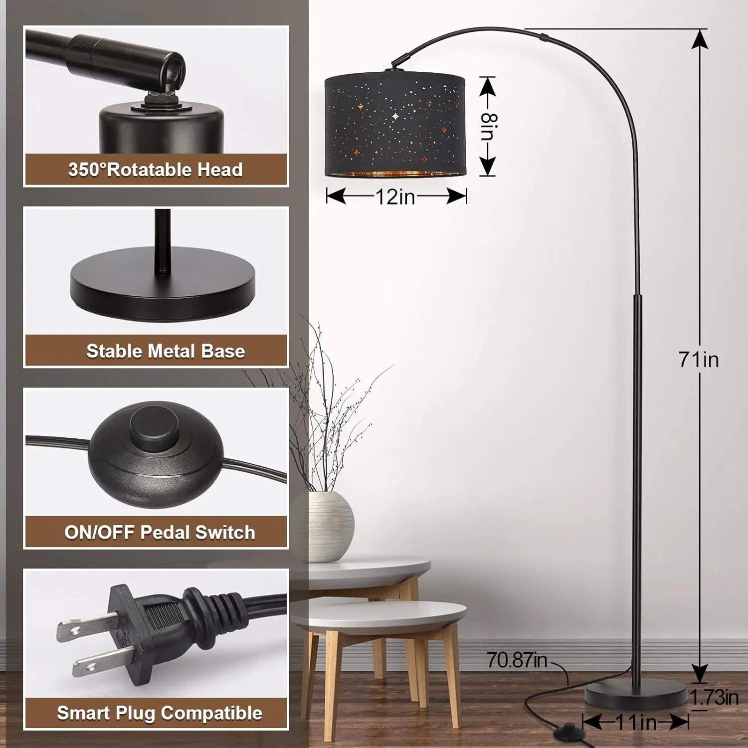 Modern Arc Floor Lamp, Tall Pole Lamp with Black Stars Lampshade, Arched Reading Light with Adjustable Lamp Head, Over Couch Hanging Light Corner Lamp for Living Room, Bedroom, Office (Black)