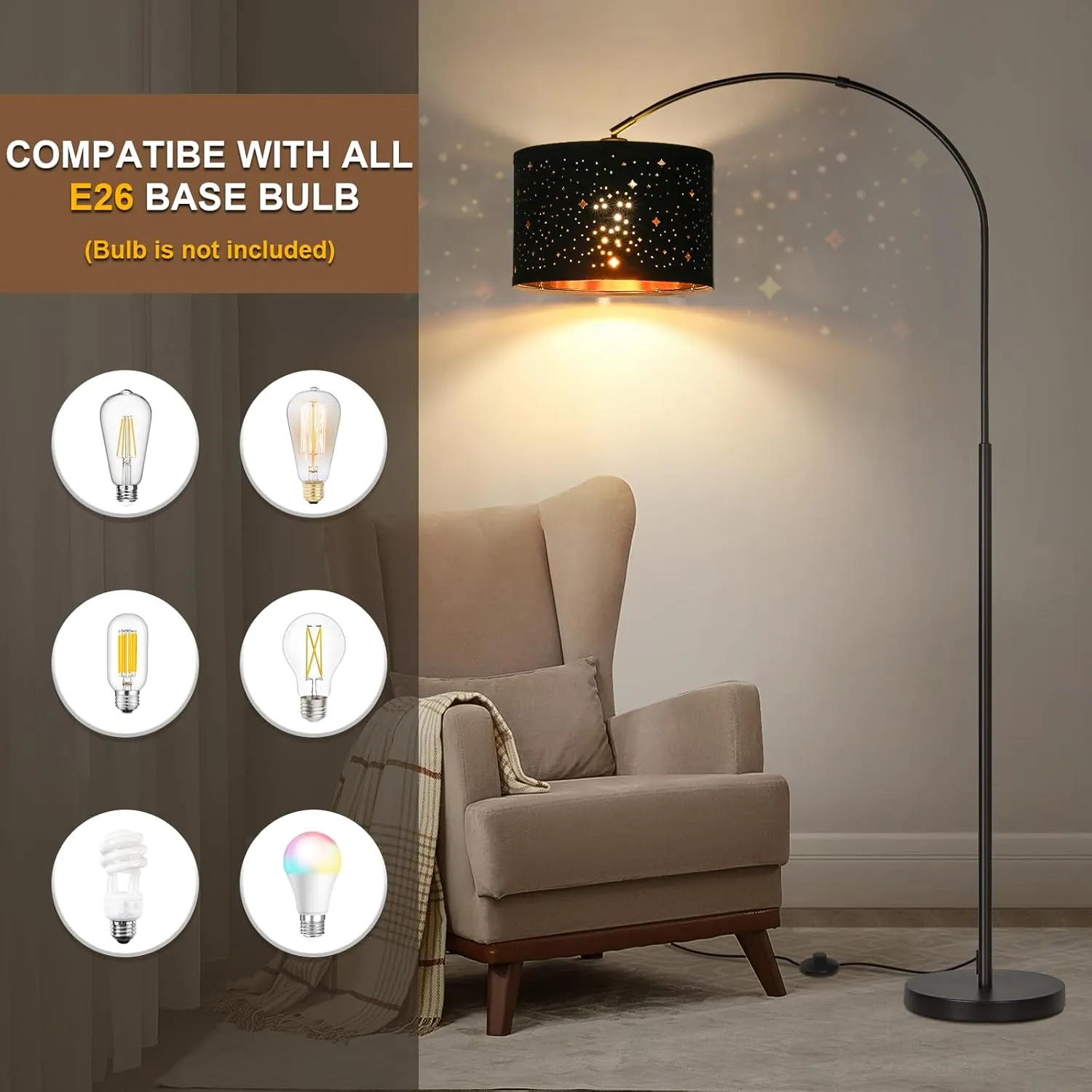 Modern Arc Floor Lamp, Tall Pole Lamp with Black Stars Lampshade, Arched Reading Light with Adjustable Lamp Head, Over Couch Hanging Light Corner Lamp for Living Room, Bedroom, Office (Black)