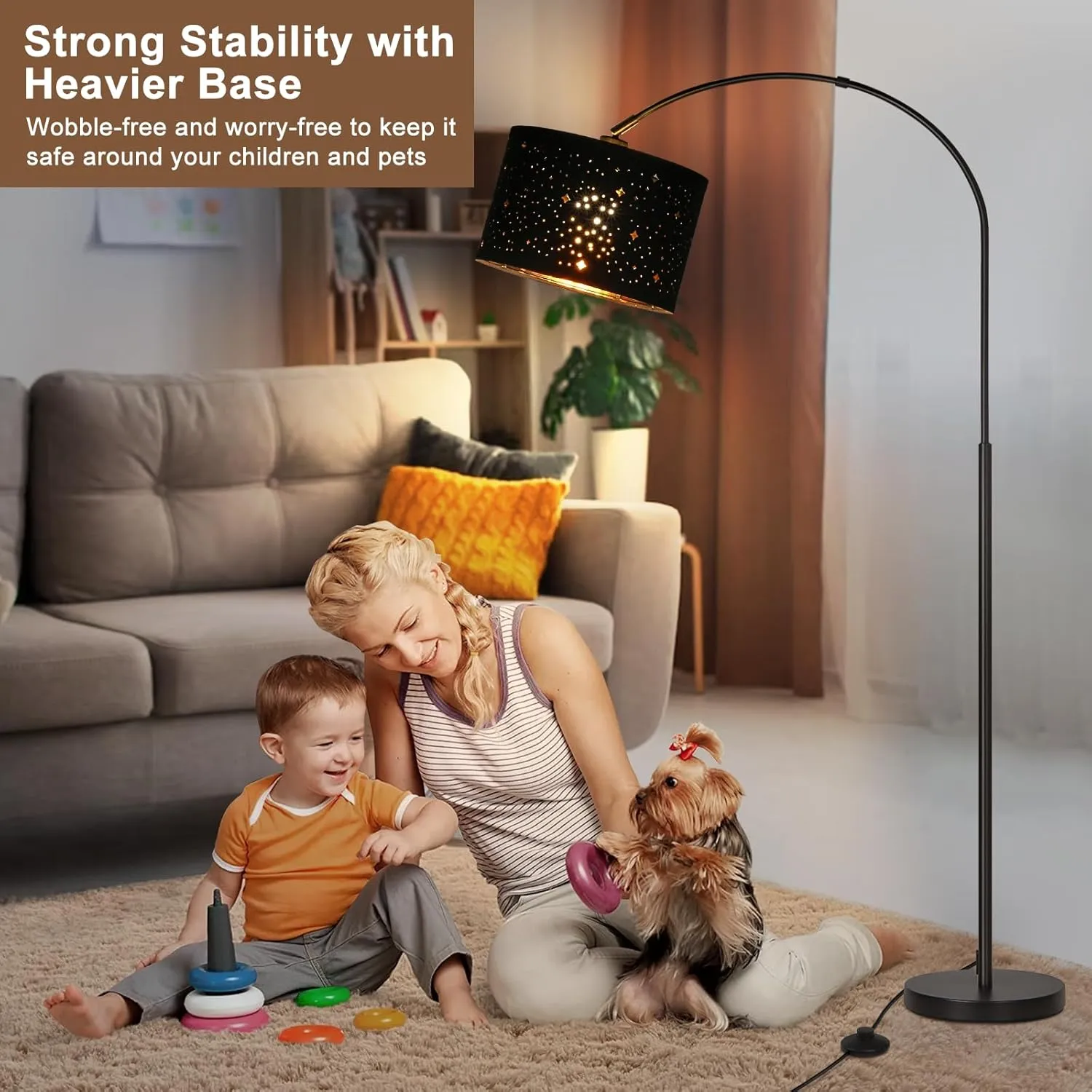 Modern Arc Floor Lamp, Tall Pole Lamp with Black Stars Lampshade, Arched Reading Light with Adjustable Lamp Head, Over Couch Hanging Light Corner Lamp for Living Room, Bedroom, Office (Black)