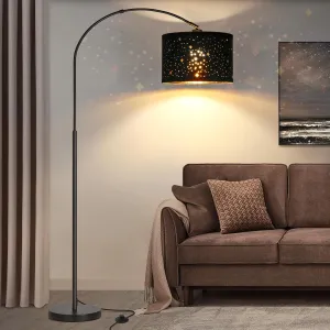 Modern Arc Floor Lamp, Tall Pole Lamp with Black Stars Lampshade, Arched Reading Light with Adjustable Lamp Head, Over Couch Hanging Light Corner Lamp for Living Room, Bedroom, Office (Black)