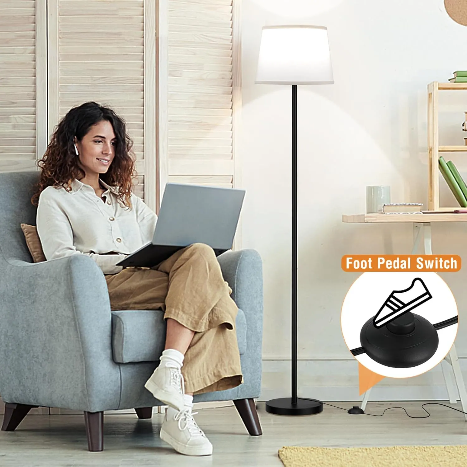 Modern Floor Lamp with Adjustable Brightness, Remote Control, Black, LED Bulbs, White Shade, Foot Switch, Easy Assembly