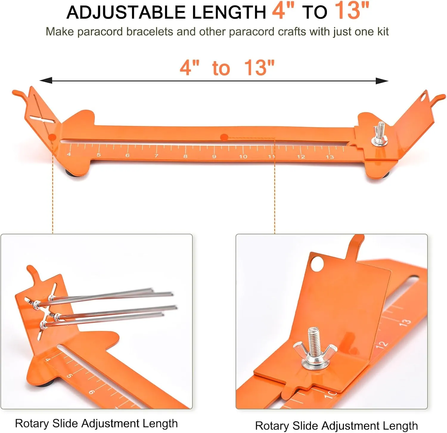 MONOBIN 2 in 1 Paracord Metal Jig, Adjustable Length Paracord Maker- Weaving DIY Craft Paracord Tool 4" to 13" with Buckles and Non-Slip Mat (Orange, 13.2in)