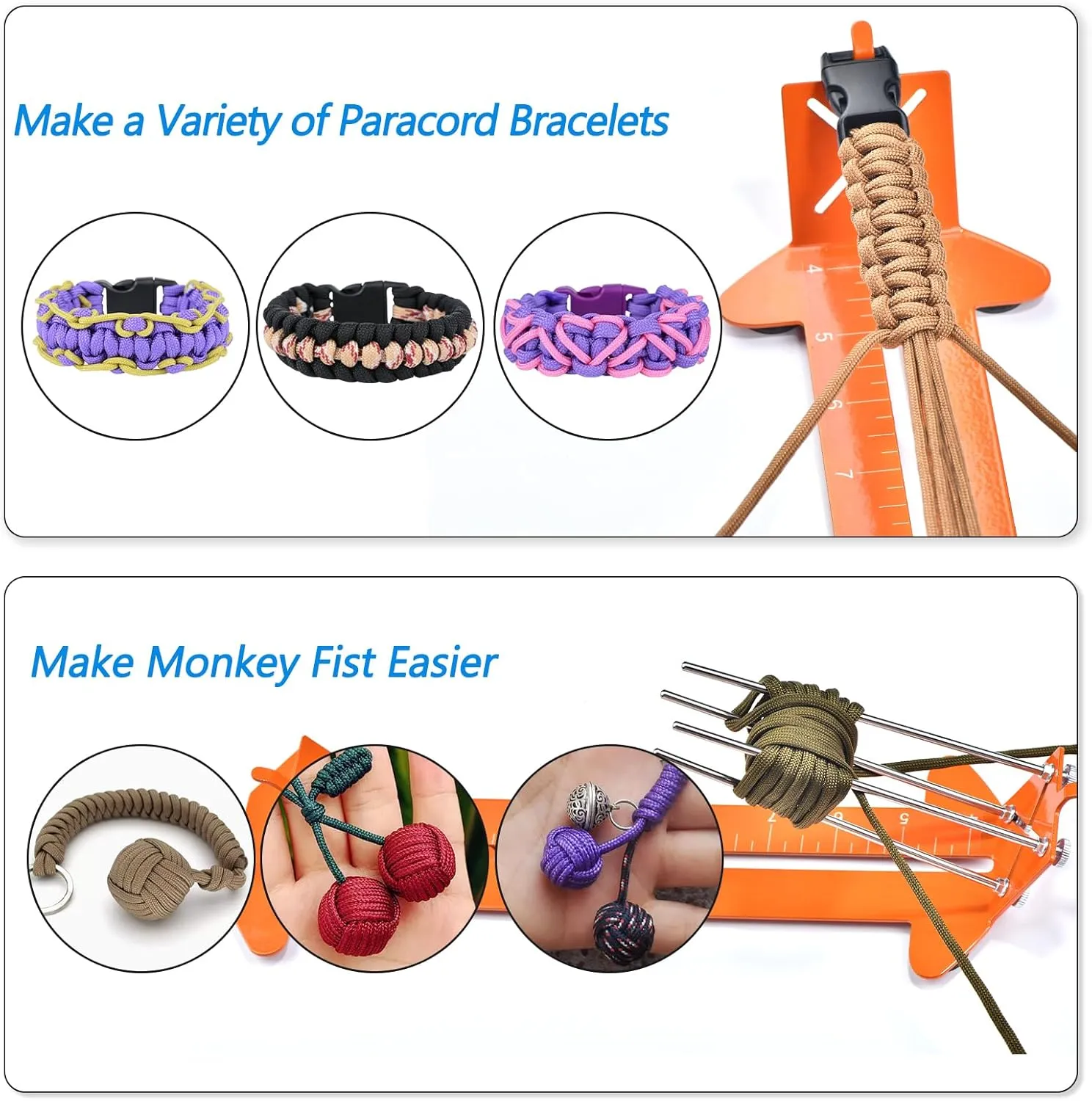MONOBIN 2 in 1 Paracord Metal Jig, Adjustable Length Paracord Maker- Weaving DIY Craft Paracord Tool 4" to 13" with Buckles and Non-Slip Mat (Orange, 13.2in)