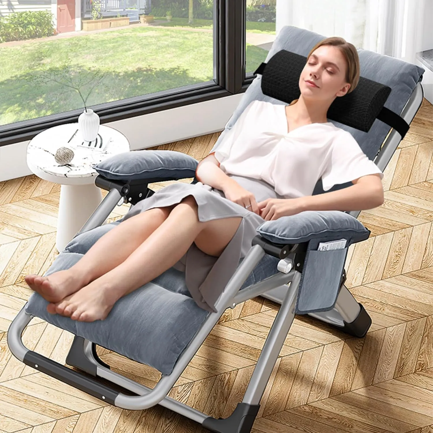 MOPHOTO Comfy Folding Chair for Living Room, Foldable Recliner Chair Lounge Chairs with Mattress for Indoor Outdoor, Leisure Chair Adjustable Reclining Chairs for Adults