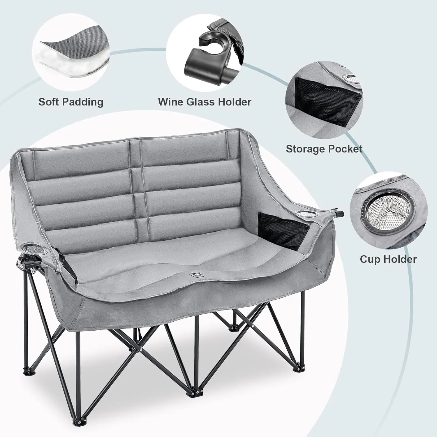 MOPHOTO Double Camping Chair, Folding Camping Loveseat Duo Chair for Adults, Oversized Double Folding Chair, Camping Bench Lawn Chairs Patio Lounge Chairs for Adults
