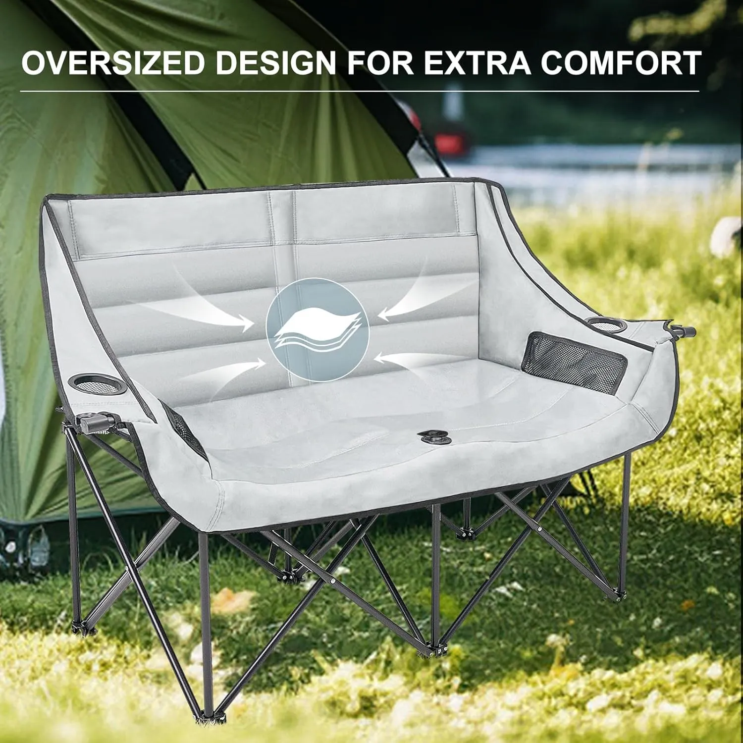 MOPHOTO Double Camping Chair, Folding Camping Loveseat Duo Chair for Adults, Oversized Double Folding Chair, Camping Bench Lawn Chairs Patio Lounge Chairs for Adults