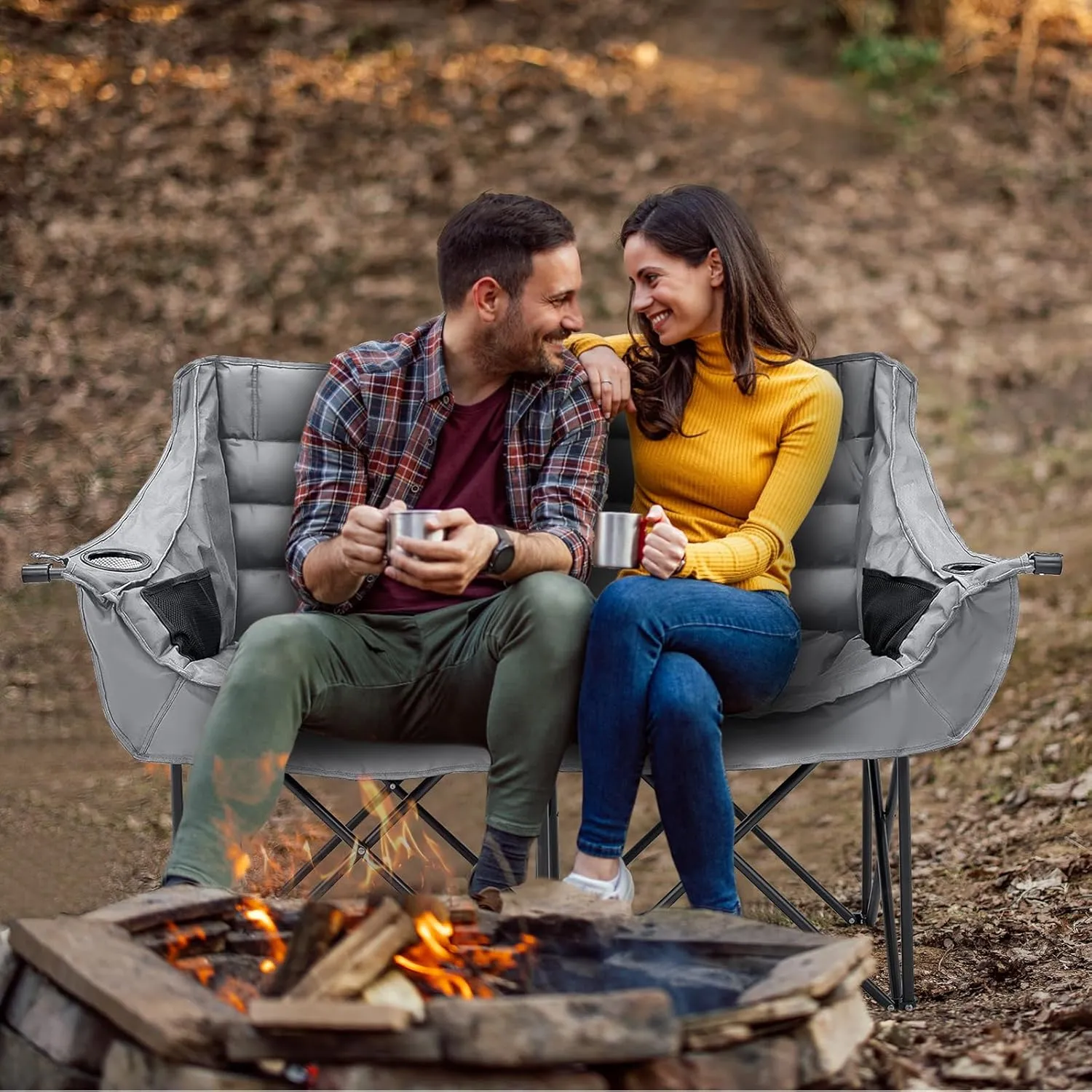 MOPHOTO Double Camping Chair, Folding Camping Loveseat Duo Chair for Adults, Oversized Double Folding Chair, Camping Bench Lawn Chairs Patio Lounge Chairs for Adults