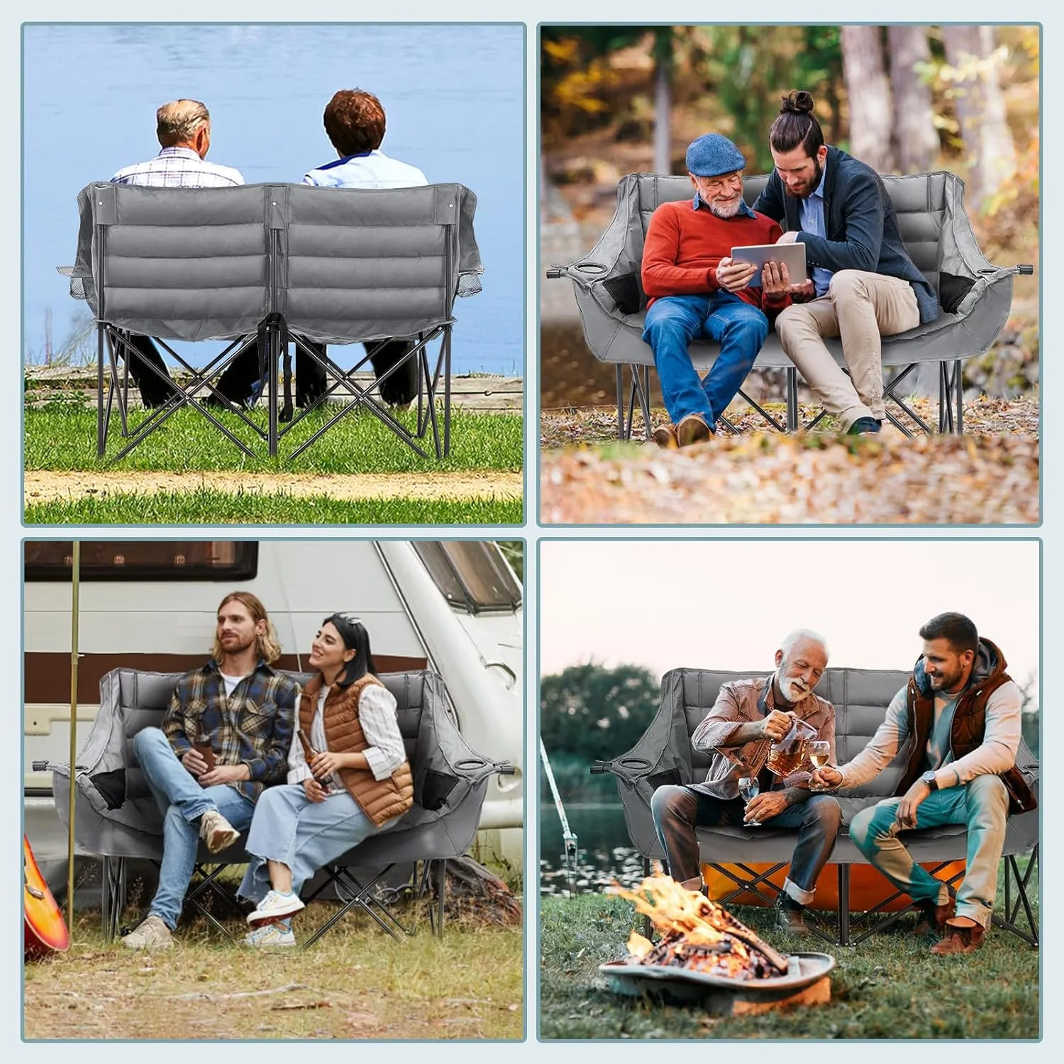 MOPHOTO Double Camping Chair, Folding Camping Loveseat Duo Chair for Adults, Oversized Double Folding Chair, Camping Bench Lawn Chairs Patio Lounge Chairs for Adults