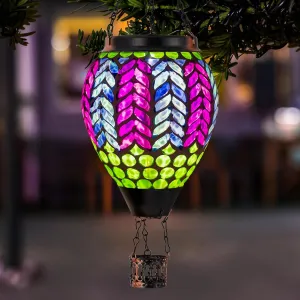 Mosaic Hot Air Balloon Solar Lanterns Outdoor Waterproof, Colorful Glass Solar Hanging Lantern Lights for Garden Patio Yard Gifts for Women Mom Grandma