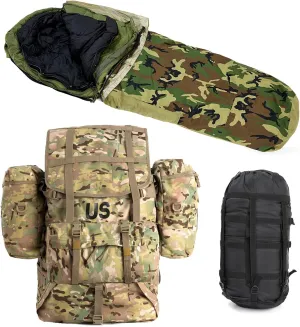 MT Army Military Modular Sleeping Bags System, Multi Layered with Bivy Cover for All Season, Military MOLLE 2 Large Rucksack with Frame